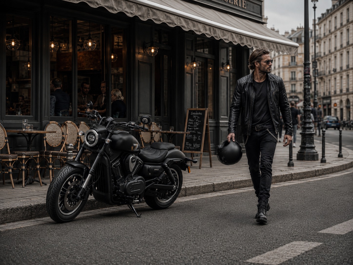 Schwarzer QJMOTOR SRV 600 V2, vollständig vor einem Straßencafé mit Stühlen und steinernen Häuserfassaden geparkt. Ein Mann in dunkler Motorradkleidung geht im Vordergrund nahe dem Vorderrad und trägt einen Helm in der Hand.