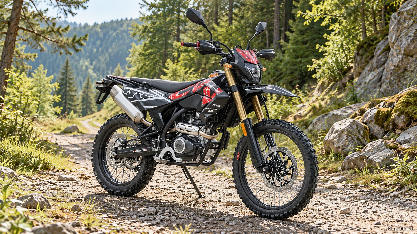 KI-generierte Szene: Schwarz-roter QJMOTOR COV 125 X mit Stollenreifen und goldfarbener Gabel, vollständig ohne Fahrer auf einem steinigen Waldweg geparkt. Das Motorrad steht auf dem Seitenständer zwischen Felsen und grünen Bäumen; ein bewaldeter Hang liegt in der Ferne.