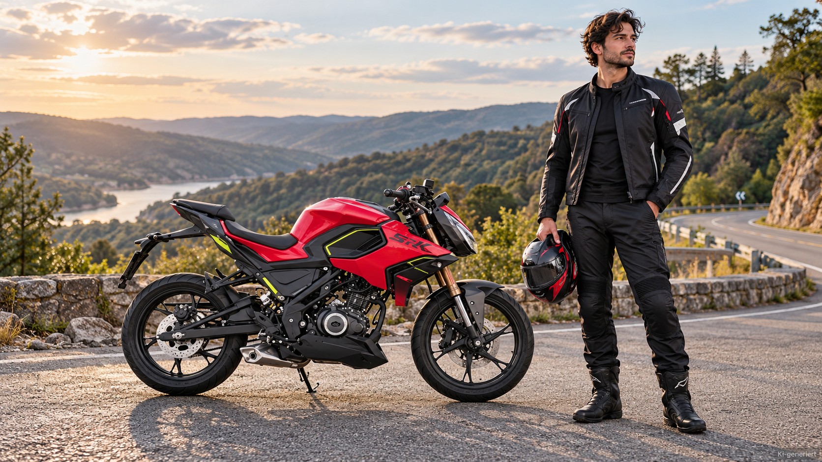 KI-generierte Szene: Rot-schwarzer QJMOTOR SRK 125 RW mit gelben Akzenten, vollständig an einem Aussichtspunkt neben einer kurvigen Landstraße geparkt. Ein Mann in schwarzer Motorradkleidung steht beim Vorderrad und hält einen Helm; See, bewaldete Hügel und Abendlicht liegen dahinter.