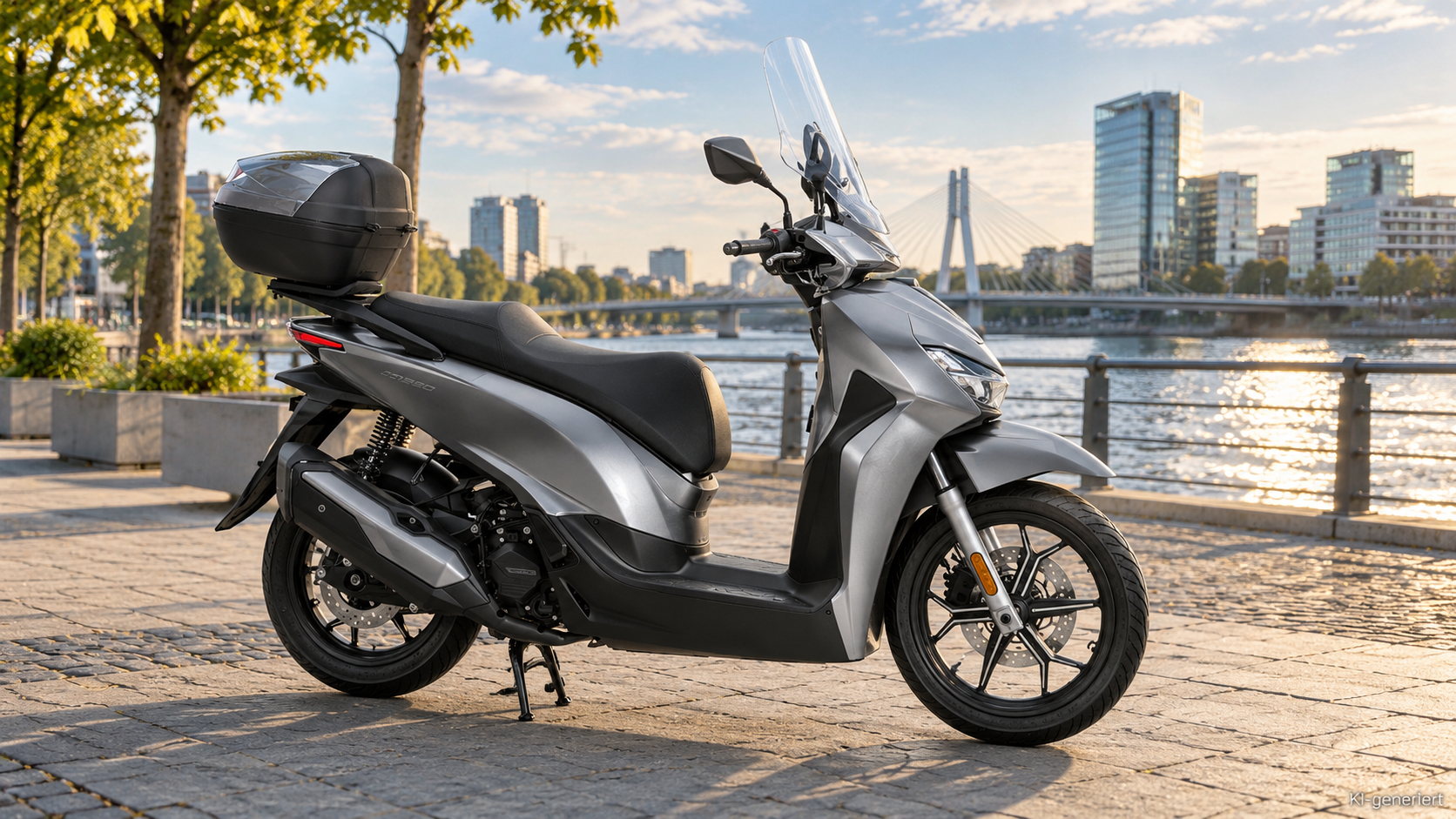 KI-generierte Szene: Silbergrauer QJMOTOR SQ16 350 mit hoher Windschutzscheibe, schwarzer Sitzbank und Topcase, vollständig ohne Fahrer auf einer gepflasterten Flusspromenade geparkt. Beide Räder und die Frontverkleidung sind sichtbar; Bäume, Wasser und moderne Wohnhäuser liegen im Hintergrund.