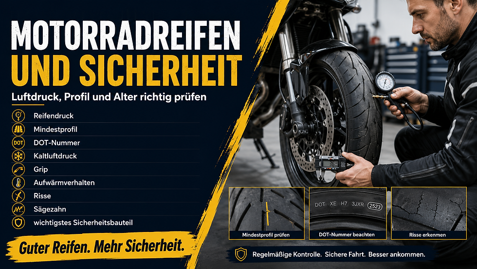 Motorradreifen und Sicherheit: Luftdruck, Profil und Alter richtig prüfen
