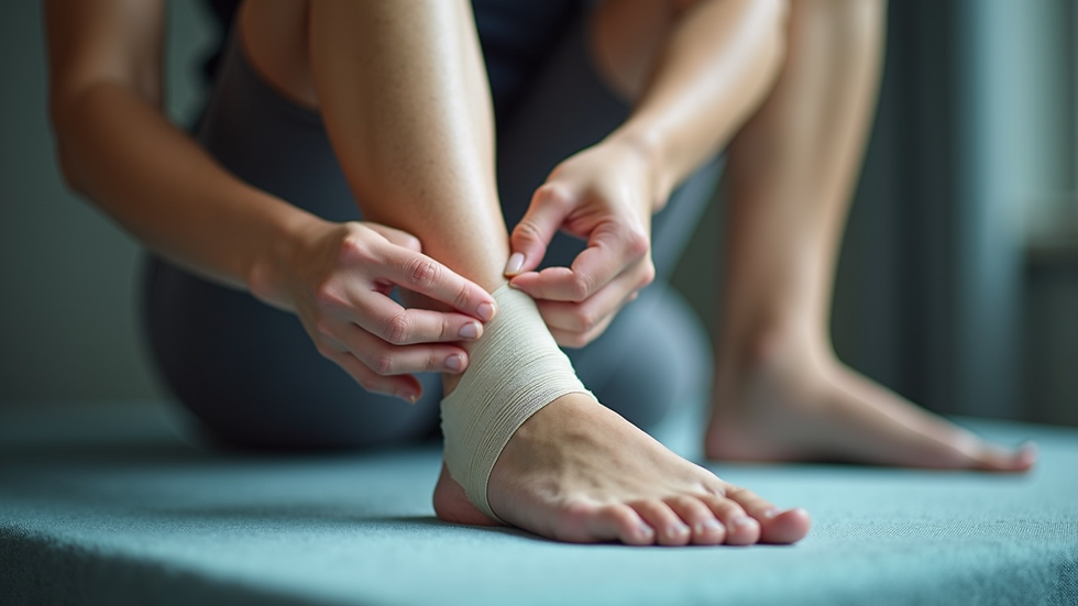 Close-up view of a therapist applying tape to an ankle