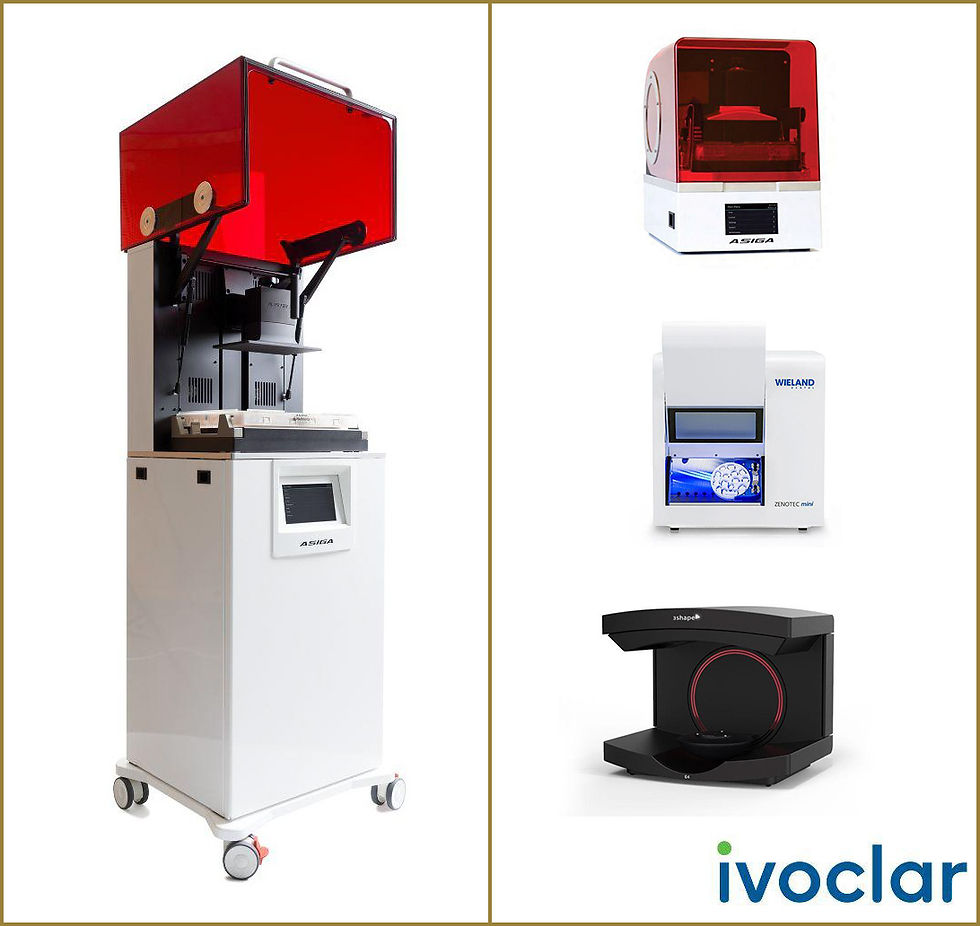 Asiga Pro 4K Printer (Left), Asiga Max Printer (Top right), Wieland Zenotec (middle right), 3Shape E4 Scanner (bottom right)