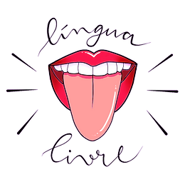 Logo do Língua Livre. é uma boca, com batom, mostrando a língua. Acima, escrito em letra cursiva, "língua", e abaixo, "livre" (no mesmo estilo)