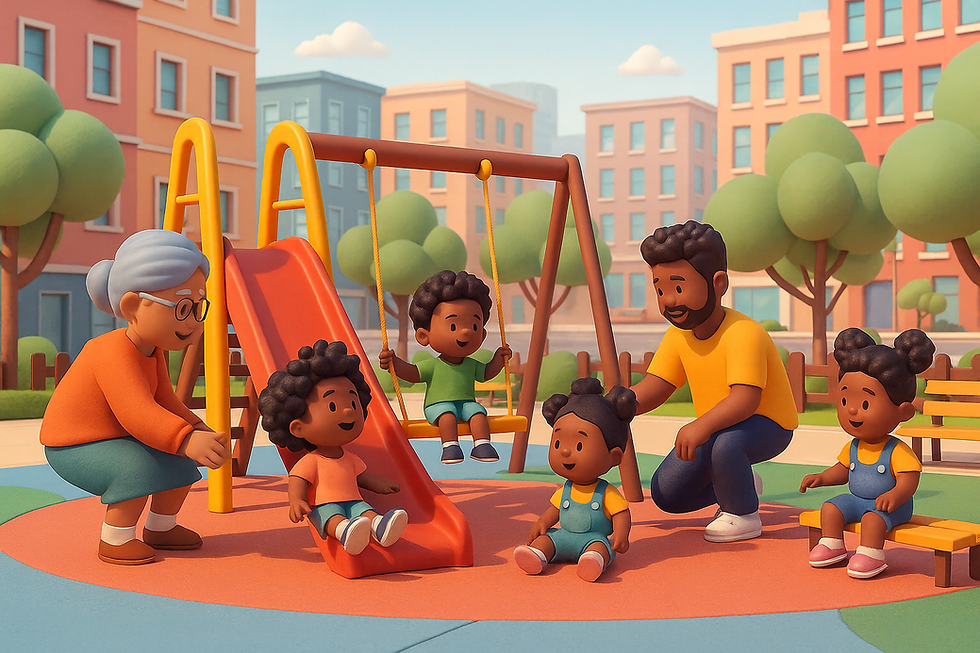 Infância Negra: Família negra brinca junta no parquinho