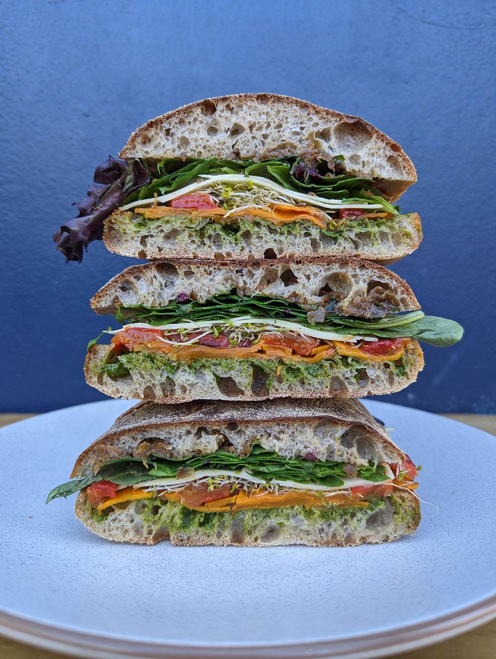 Stacked organic bread sandwiches