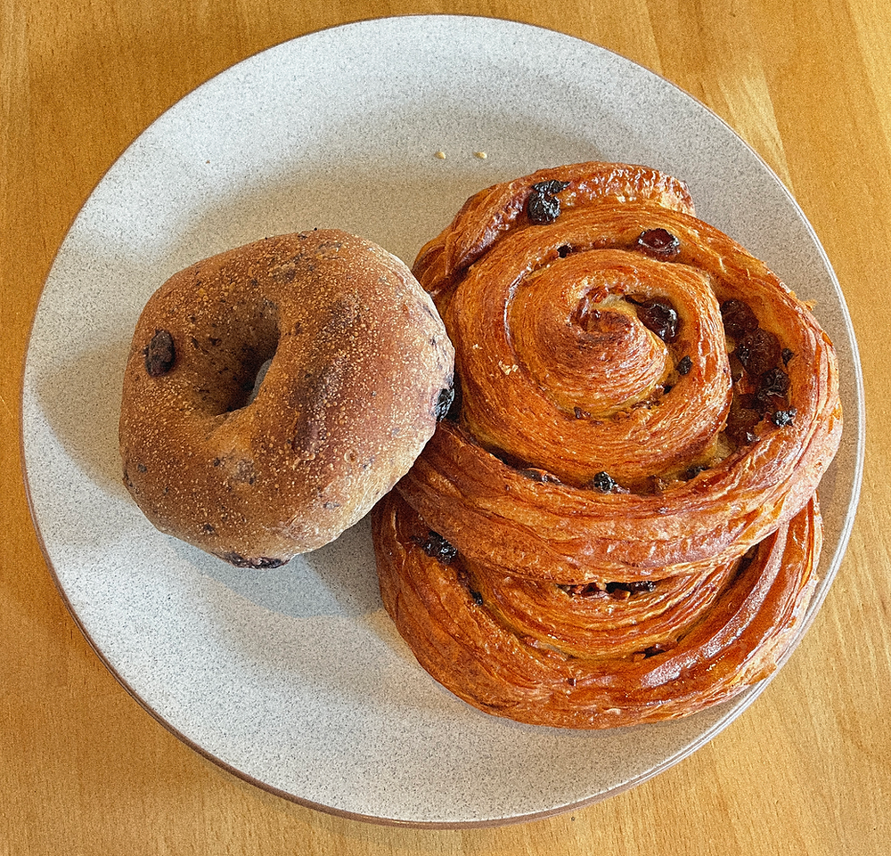 Organic raisin bagel and Danish pastry