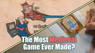 A split image showing a medieval illumination of a woman with a laptop computer, and on the other side, an illumination being painted by hand.