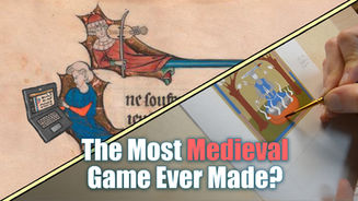 A split image showing a medieval illumination of a woman with a laptop computer, and on the other side, an illumination being painted by hand.