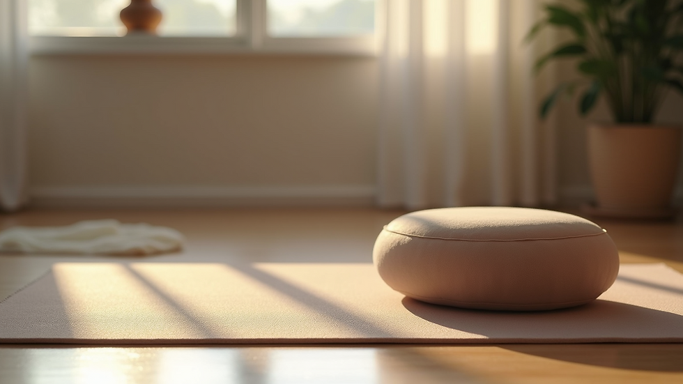 Close-up view of a yoga mat and meditation cushion in a peaceful room
