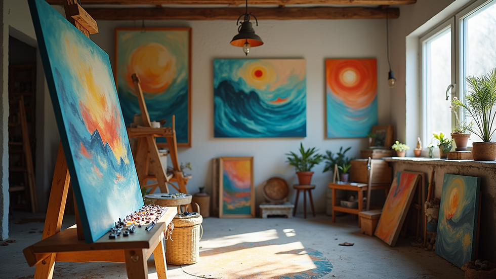 Eye-level view of an art studio filled with colorful paintings