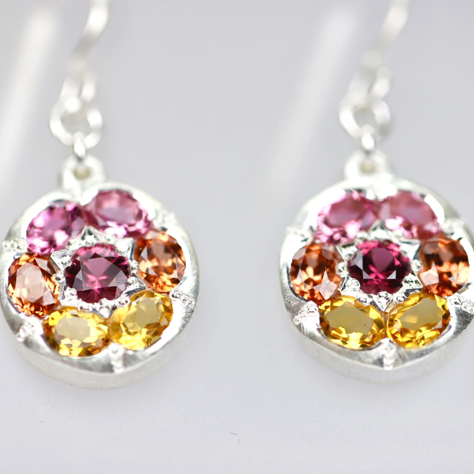 Pink tourmaline, garnet and citrine Sterling Silver Earrings by Adele Stewart