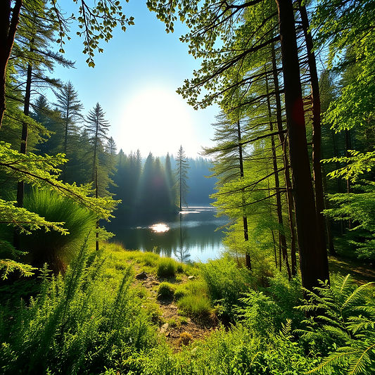 beautiful green deciduous forest with lake and sun.jpg