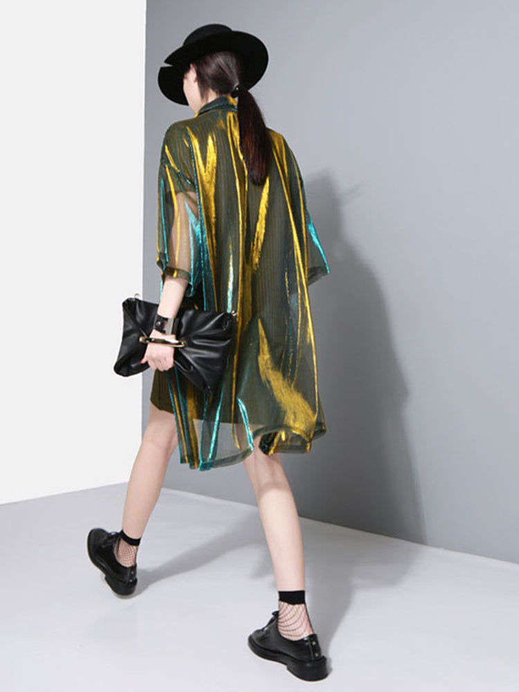 Thumbnail: Reece Sheer Shimmer Shirt Dress - Gold Green