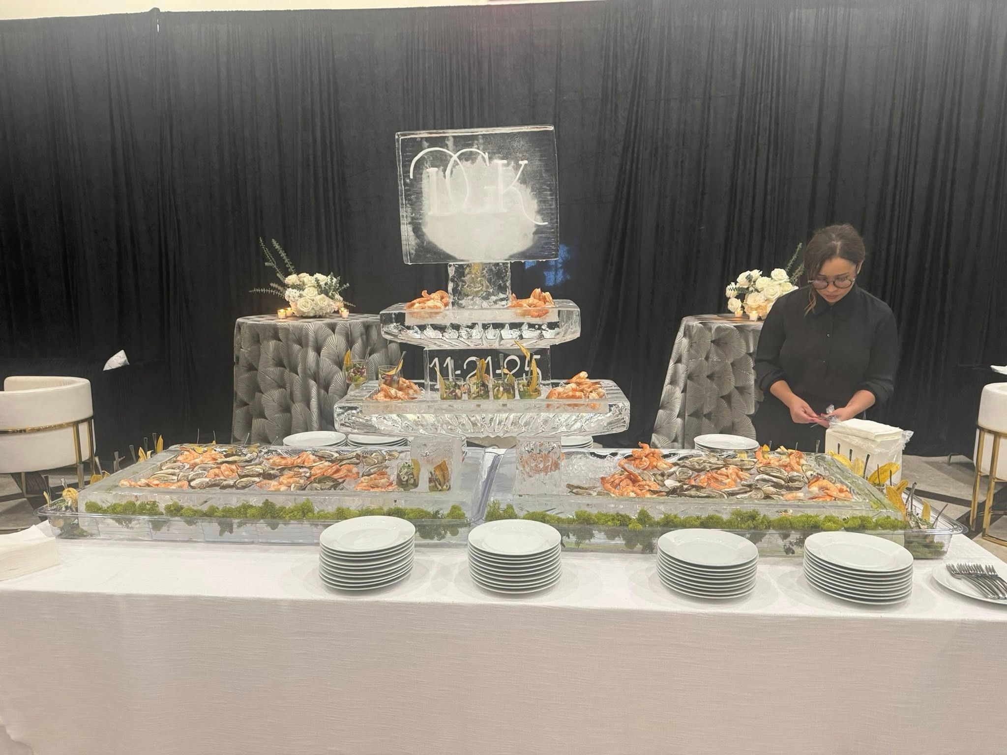 Large Three Tier Ice Platters with Date and Wedding Logo Initials.