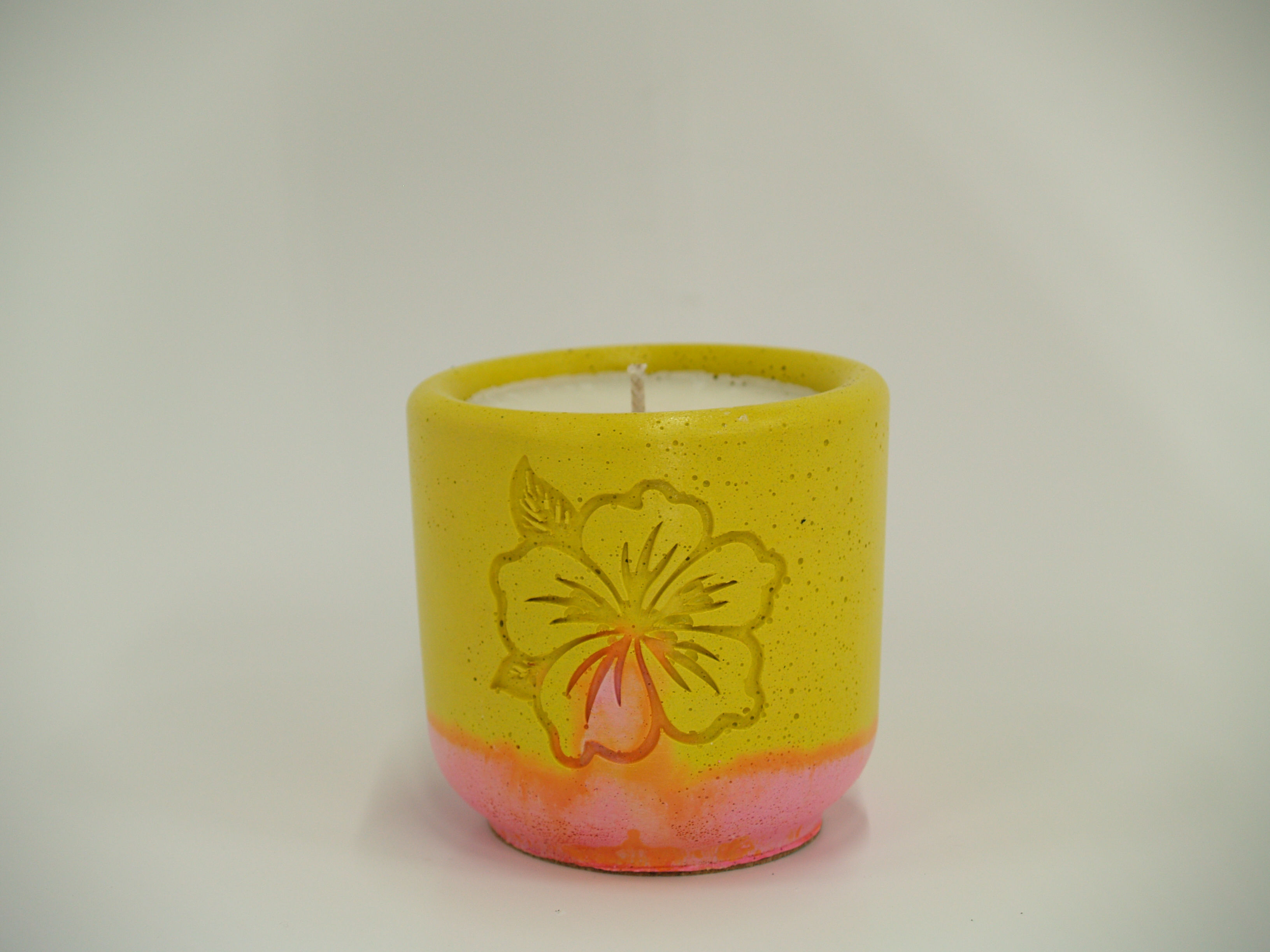 Handmade Round Candle - debossed flower and Seaside Plumeria scent
