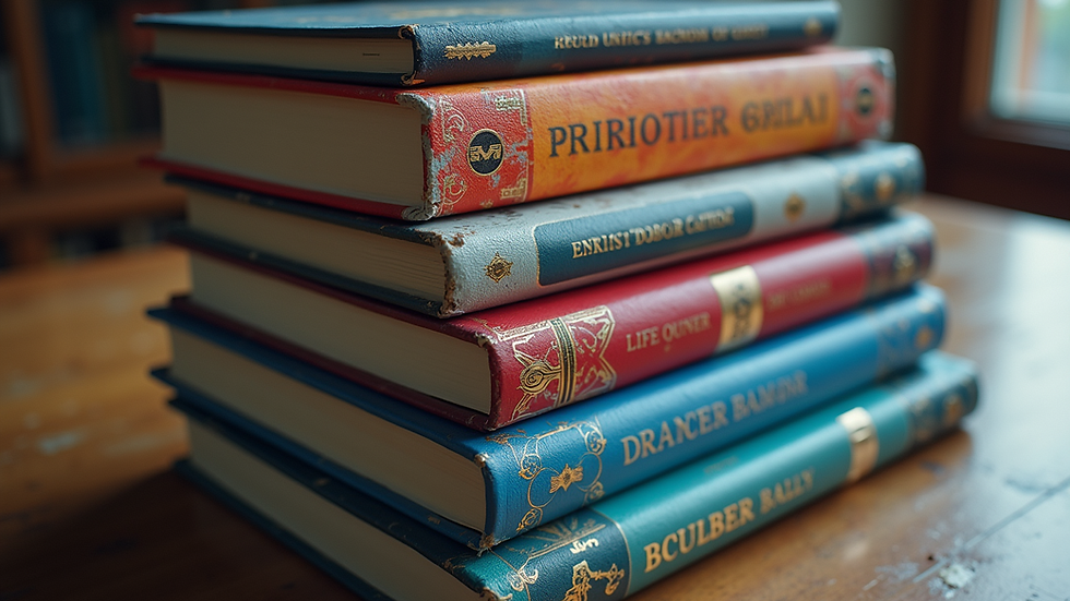 Close-up view of a stack of science fiction books with futuristic cover art