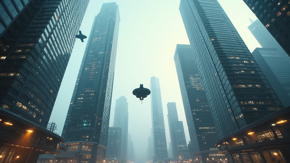 Eye-level view of a futuristic cityscape with towering skyscrapers and flying vehicles