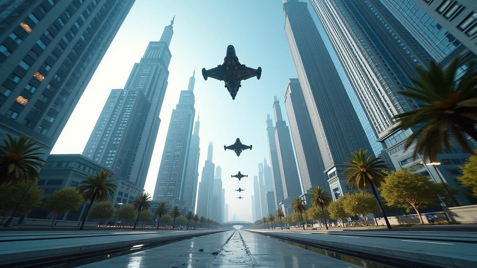 Eye-level view of a futuristic cityscape with towering skyscrapers and flying vehicles