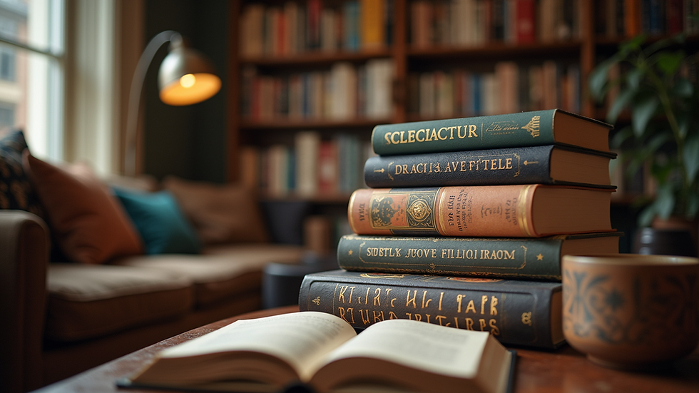 Eye-level view of a cozy reading nook with speculative fiction books stacked neatly