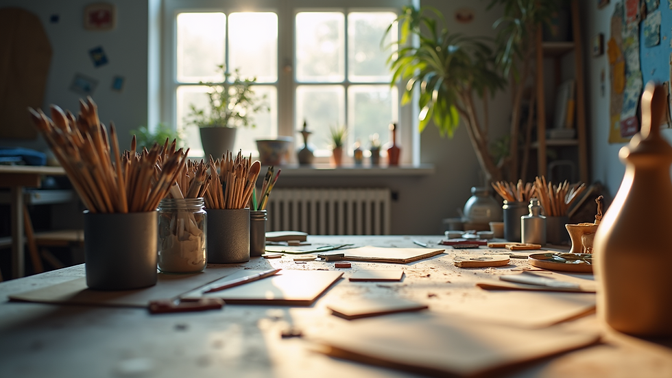 Eye-level view of an art studio filled with creative materials