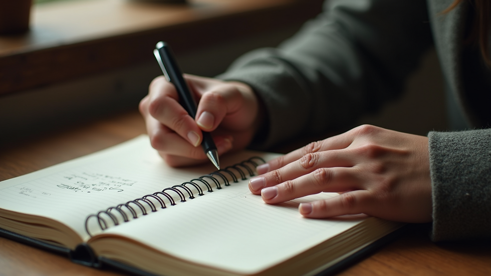 High angle view of a person writing in a journal