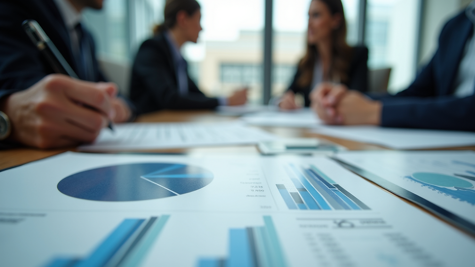 Eye-level view of a business meeting discussing financial charts