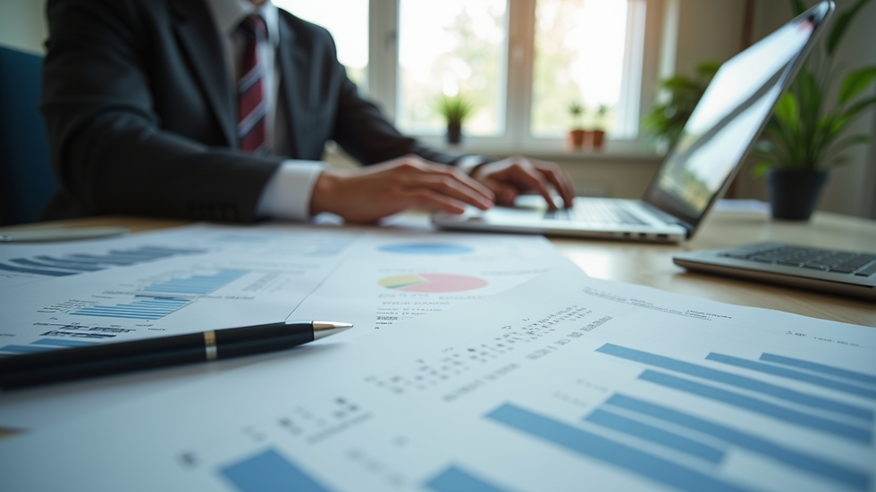 Eye-level view of a modern office desk with financial reports and laptop