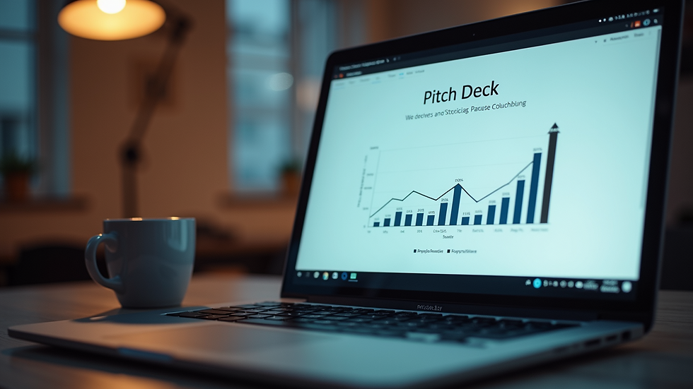 Close-up view of a laptop screen showing a pitch deck presentation