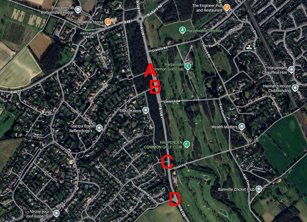 Aerial map indicating the four closest T-Junctions South of the roundabout on the Western side of St Albans Road – West Common (A), West Common Way (B), Maple Cottages (C) and Beesonend Lane (D)