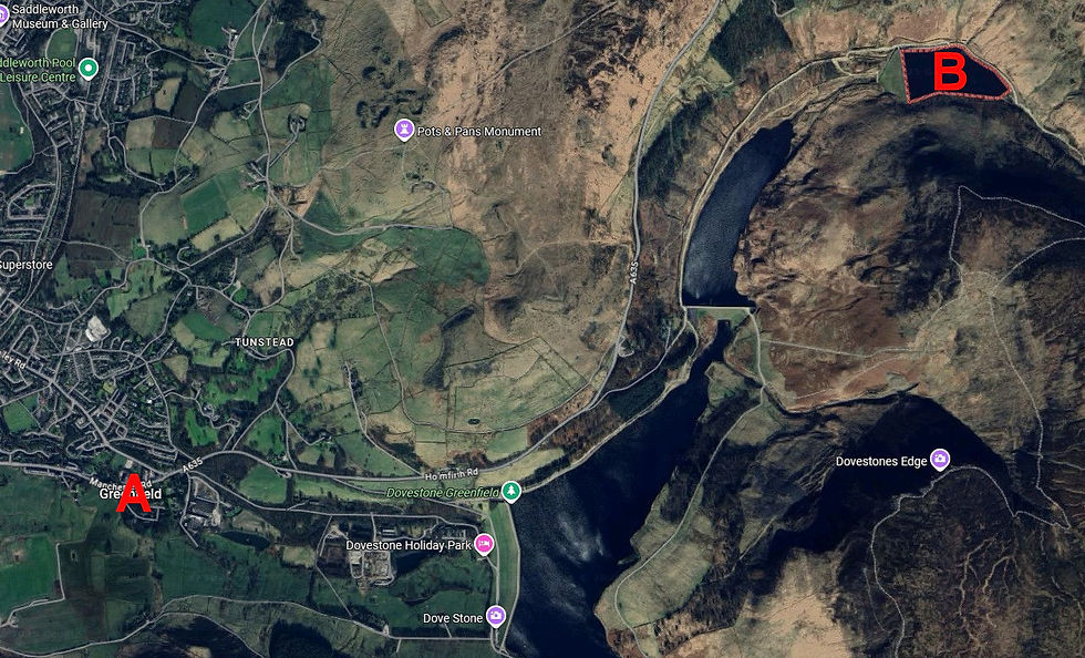 Aerial map indicating Greenfield (A) and Greenfield Reservoir (B)