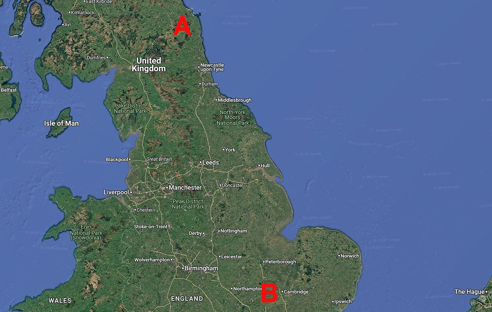 Aerial map showing location of Wooperton Station (A) and RAF Cardington (Now Cardington Airfield)