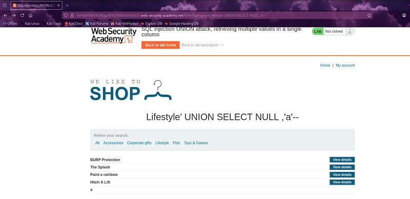 Lab: SQL injection UNION attack, retrieving multiple values in a single column