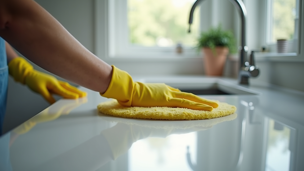 Close-up view of a cleaner polishing a kitchen countertop