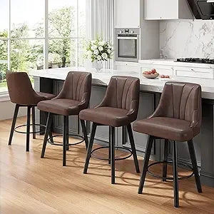 縮圖：Set of 4 Swivel Counter Stools with PU Leather Upholstery, Backrest & Solid Wood