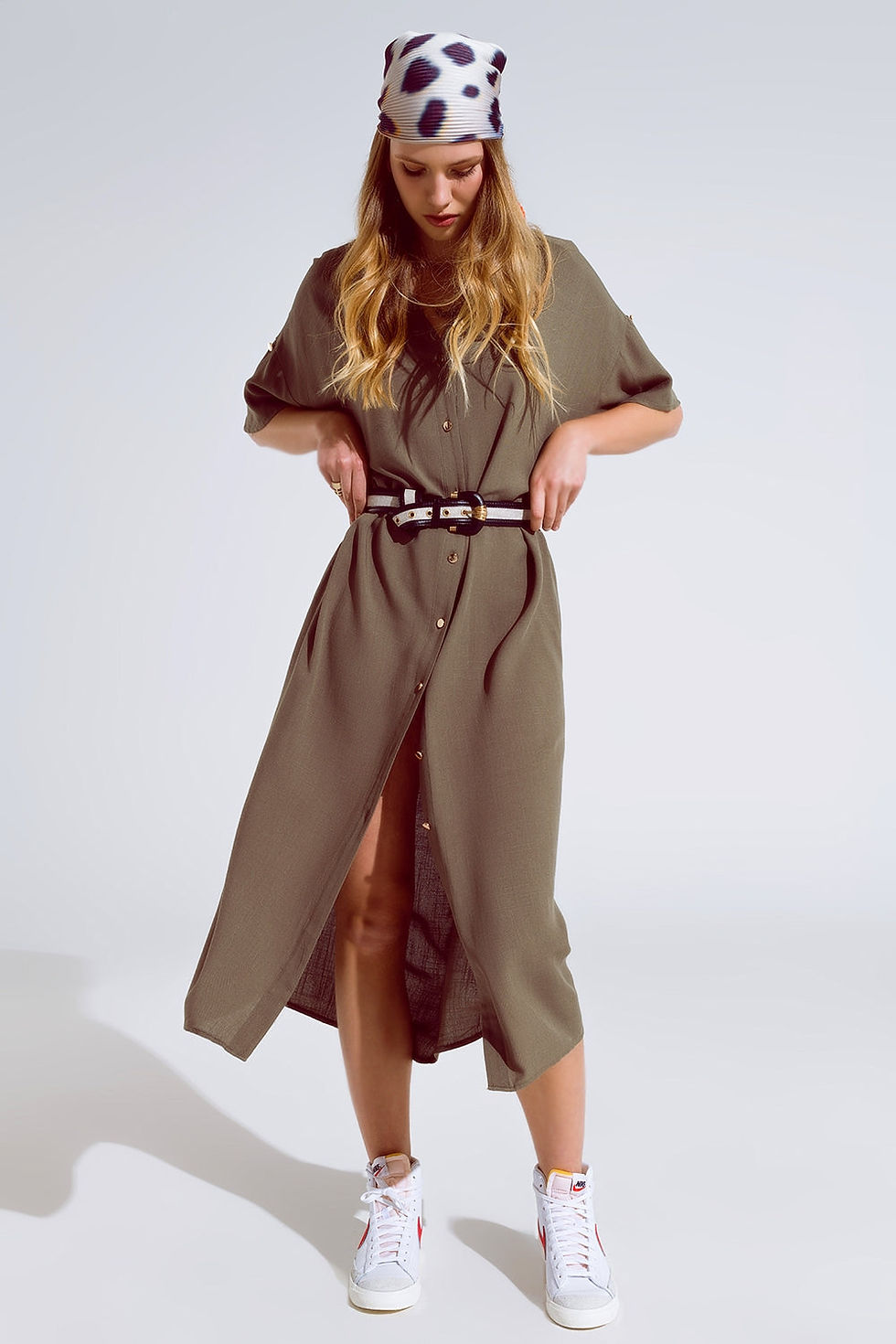 Thumbnail: Khaki Midi Button Down Dress With Short Sleeves and Matching Belt