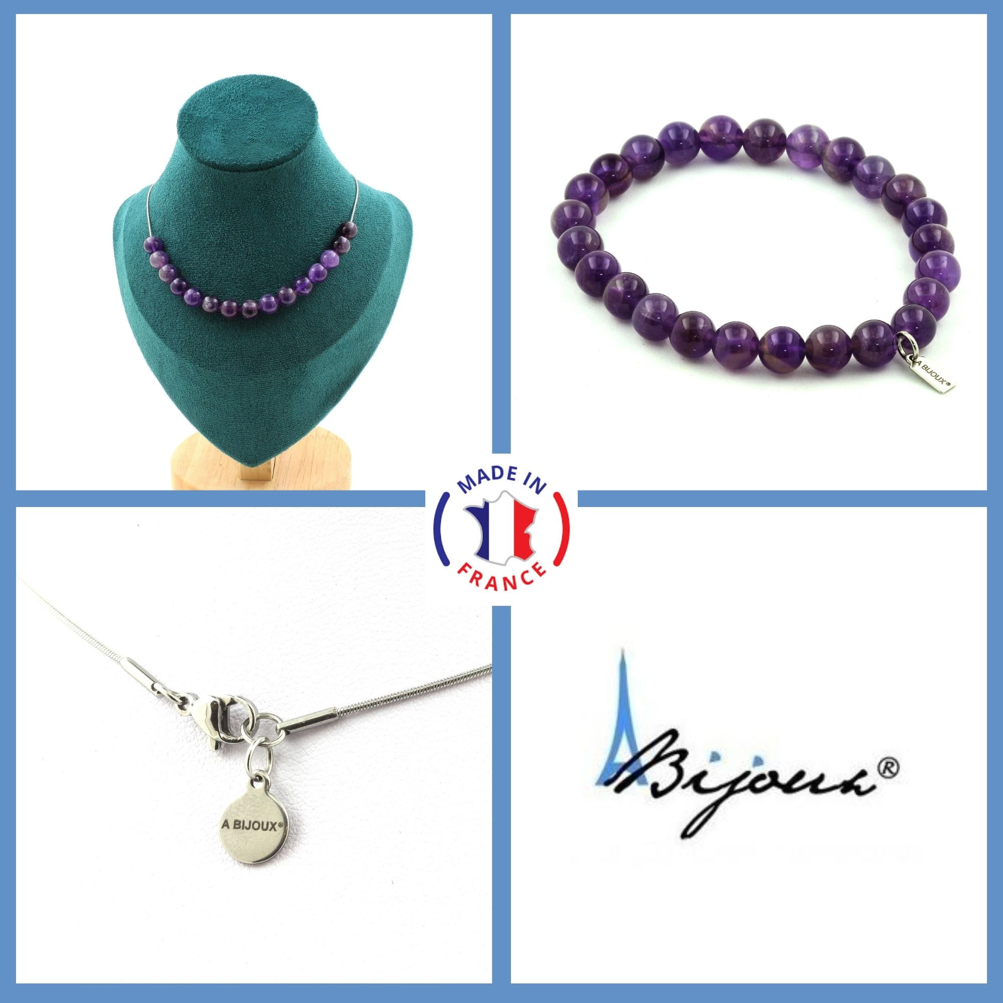 Bracelet Necklace Set Amethyst 8 mm 15 beads. Stainless steel chain.