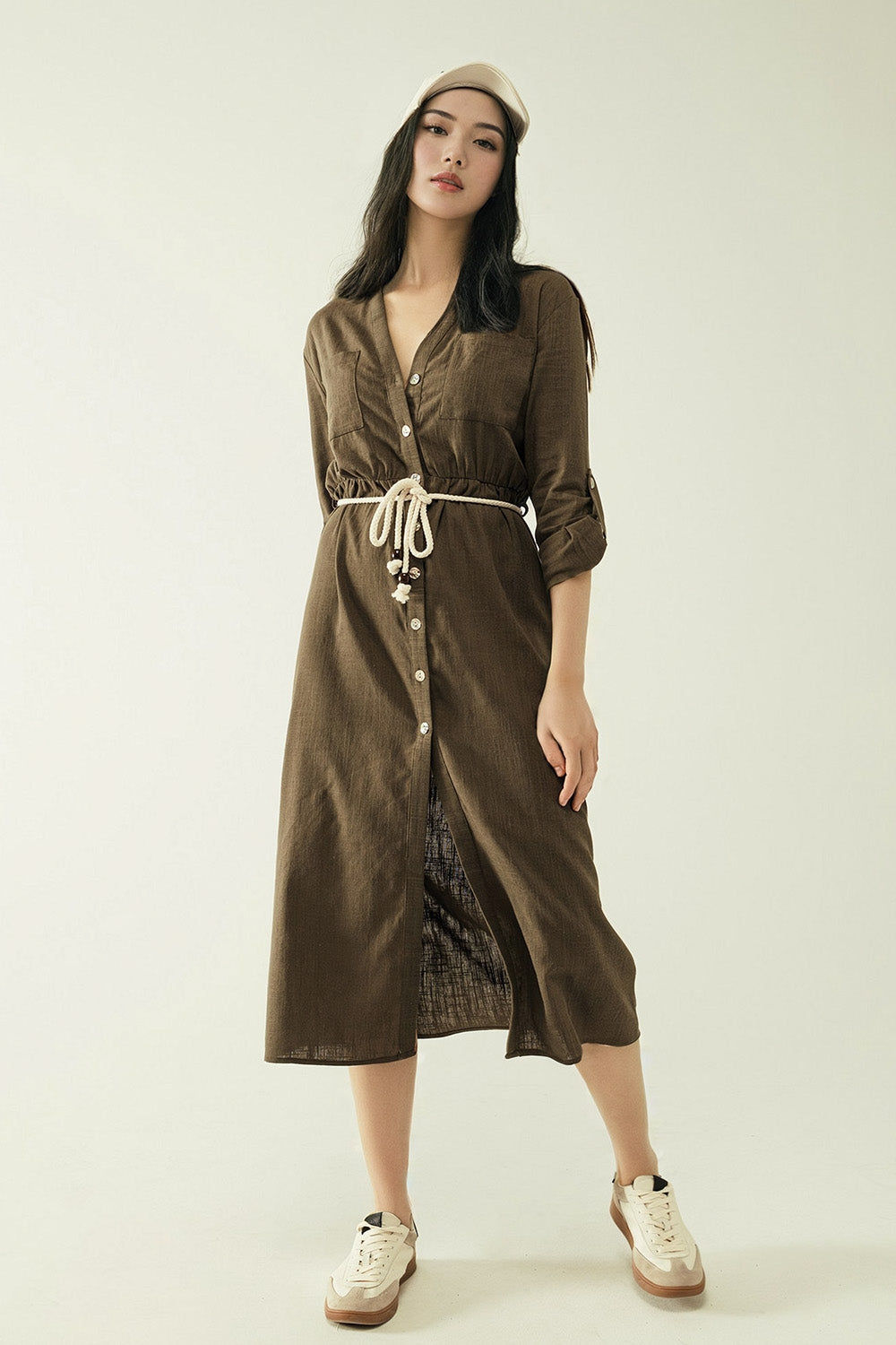Vestido Camisa Luxuoso Cáqui de Manga Longa