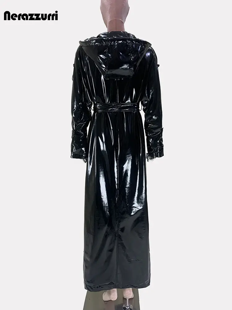 Thumbnail: Nerazzurri Autumn Extra Long Shiny Black Soft Patent Pu Leather Trench Coat for