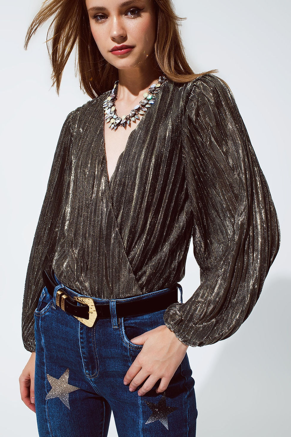 Thumbnail: Shiny Glitter Body With Deep v Neck in Gold