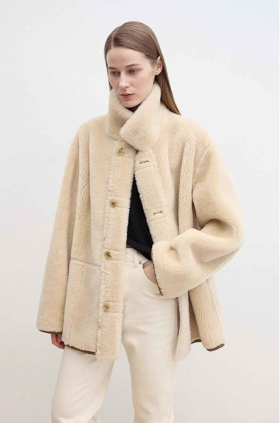 Thumbnail: Fireladyfur Women's Faux Leather Shearling Jacket - Casual Furry Lapel Wool Coat