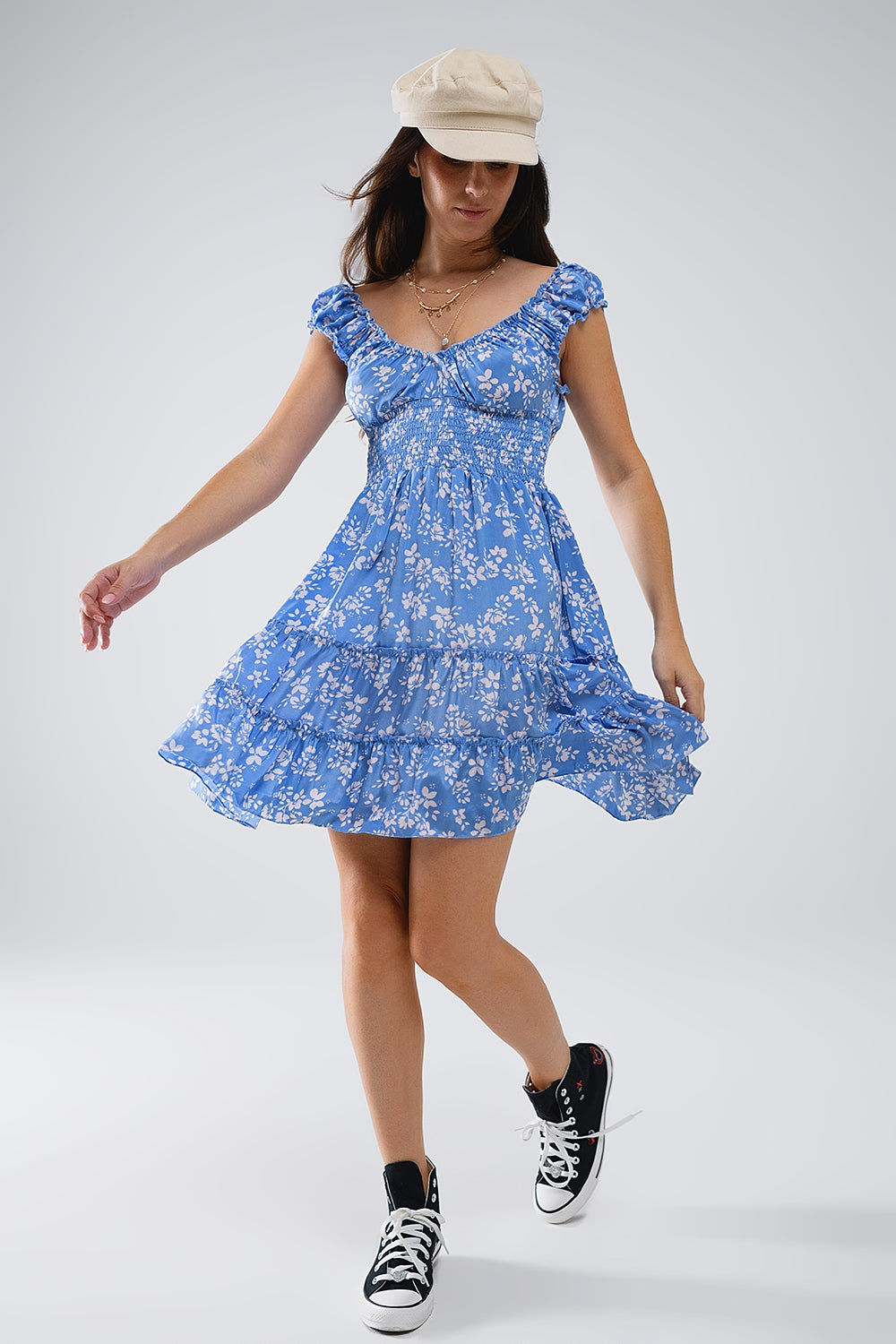 Blue Short Dress With White Floral Print and Elastic Waist