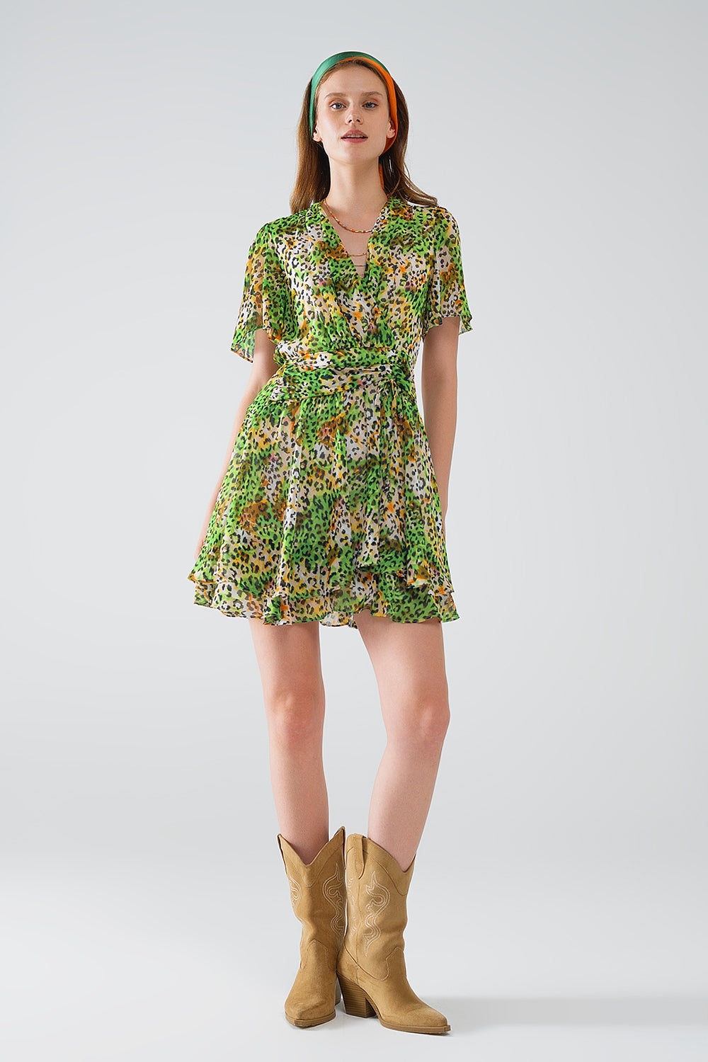 Short Green Multicolored Dress With Crossed Top With Animal Print