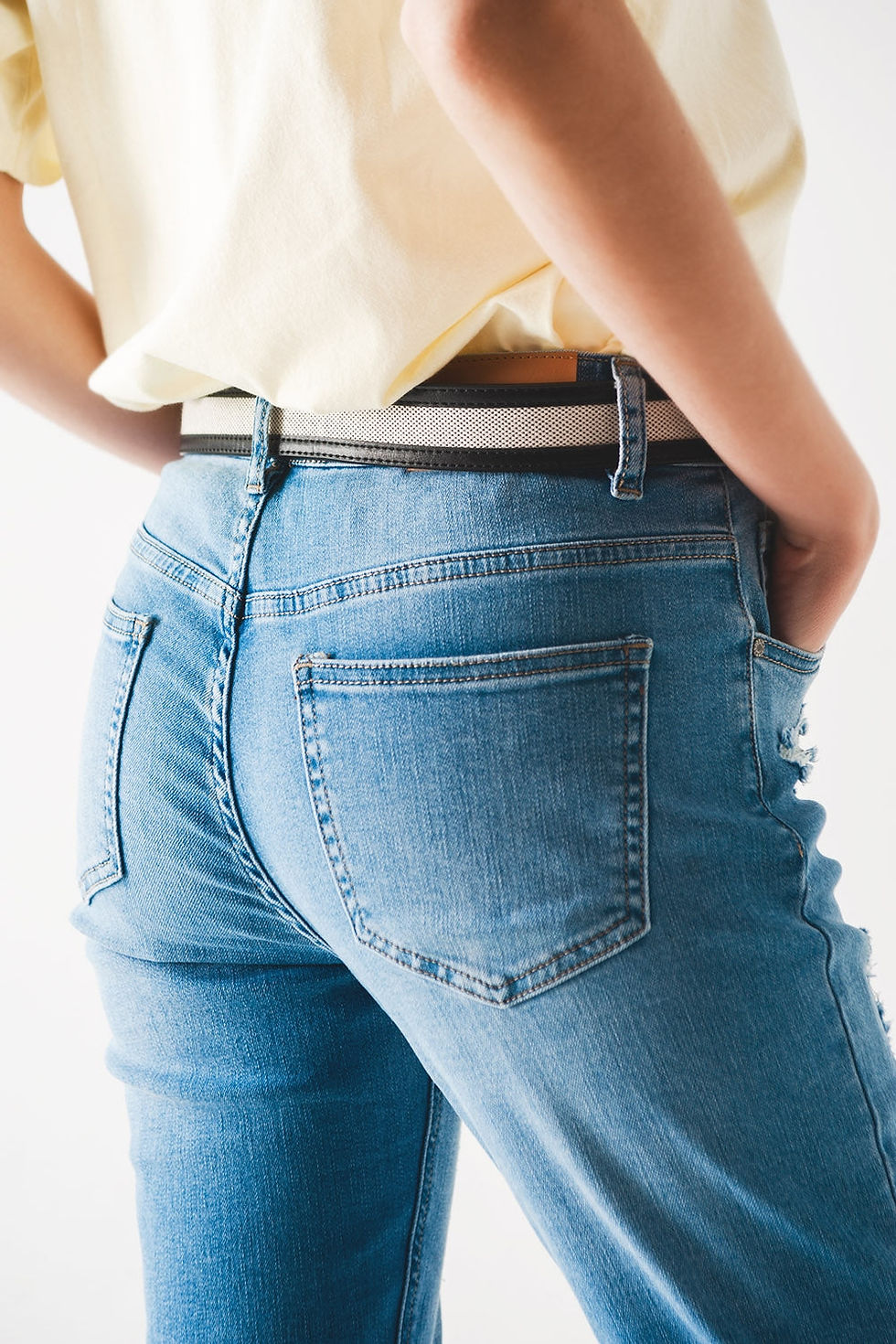 Thumbnail: Q2 Mid Blue Distressed High-Rise Straight Jeans