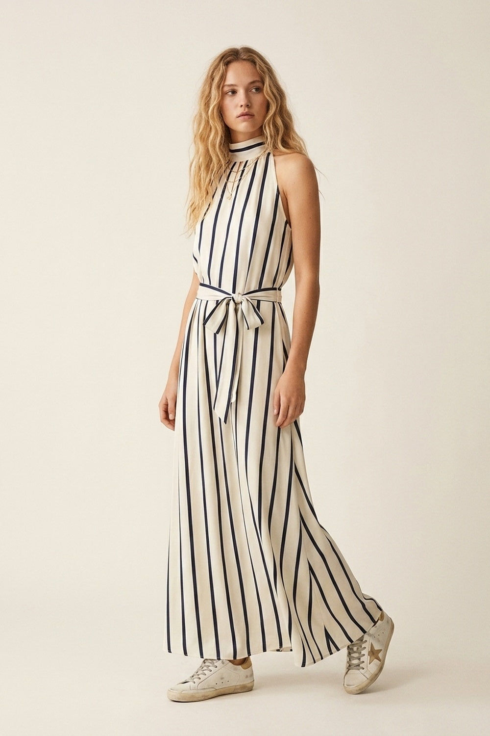 Striped Maxi Satin Halter Dress With Tie Waist