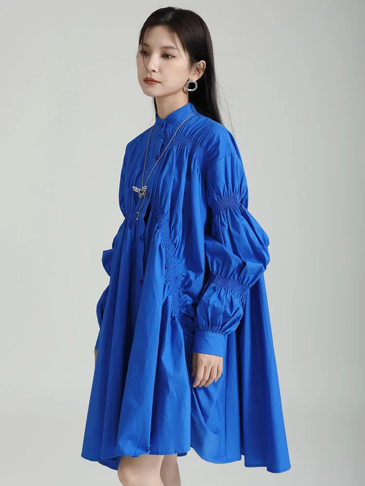 縮圖：Hotaru Long Sleeve Pleated Shirt Dress - Blue
