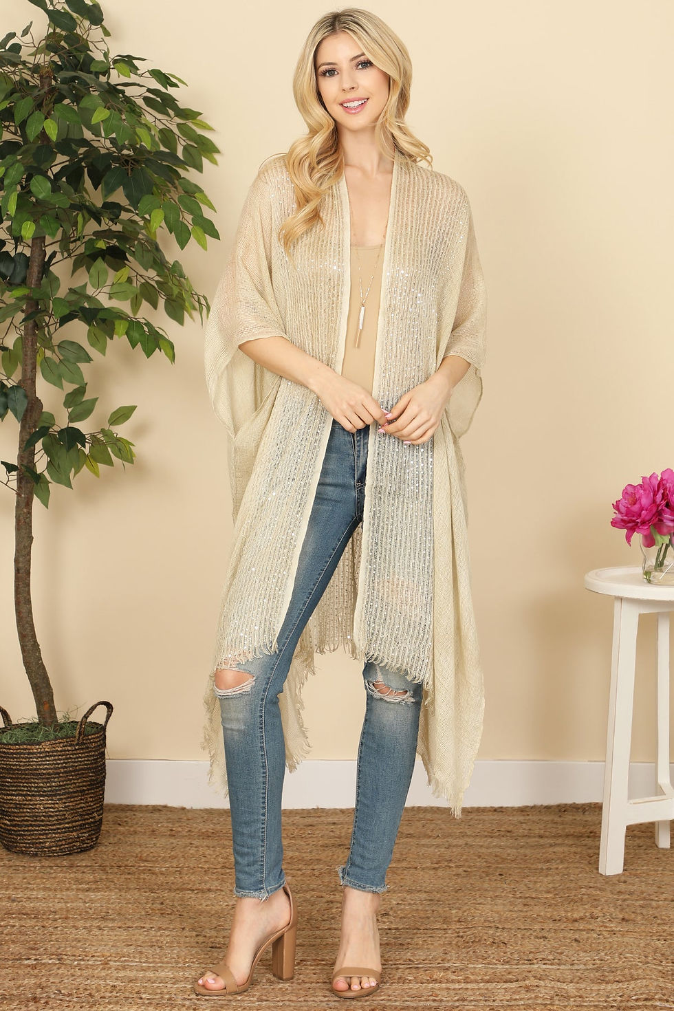 Thumbnail: Hdf2498 - Glittered Fringed Open Cardigan