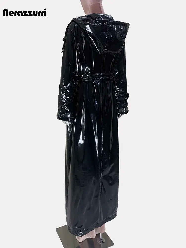 Thumbnail: Nerazzurri Autumn Extra Long Shiny Black Soft Patent Pu Leather Trench Coat for
