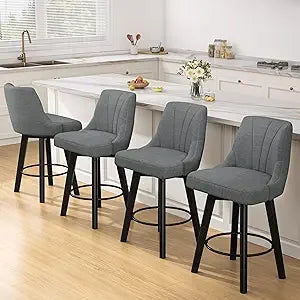 縮圖：Set of 4 Swivel Counter Stools with PU Leather Upholstery, Backrest & Solid Wood