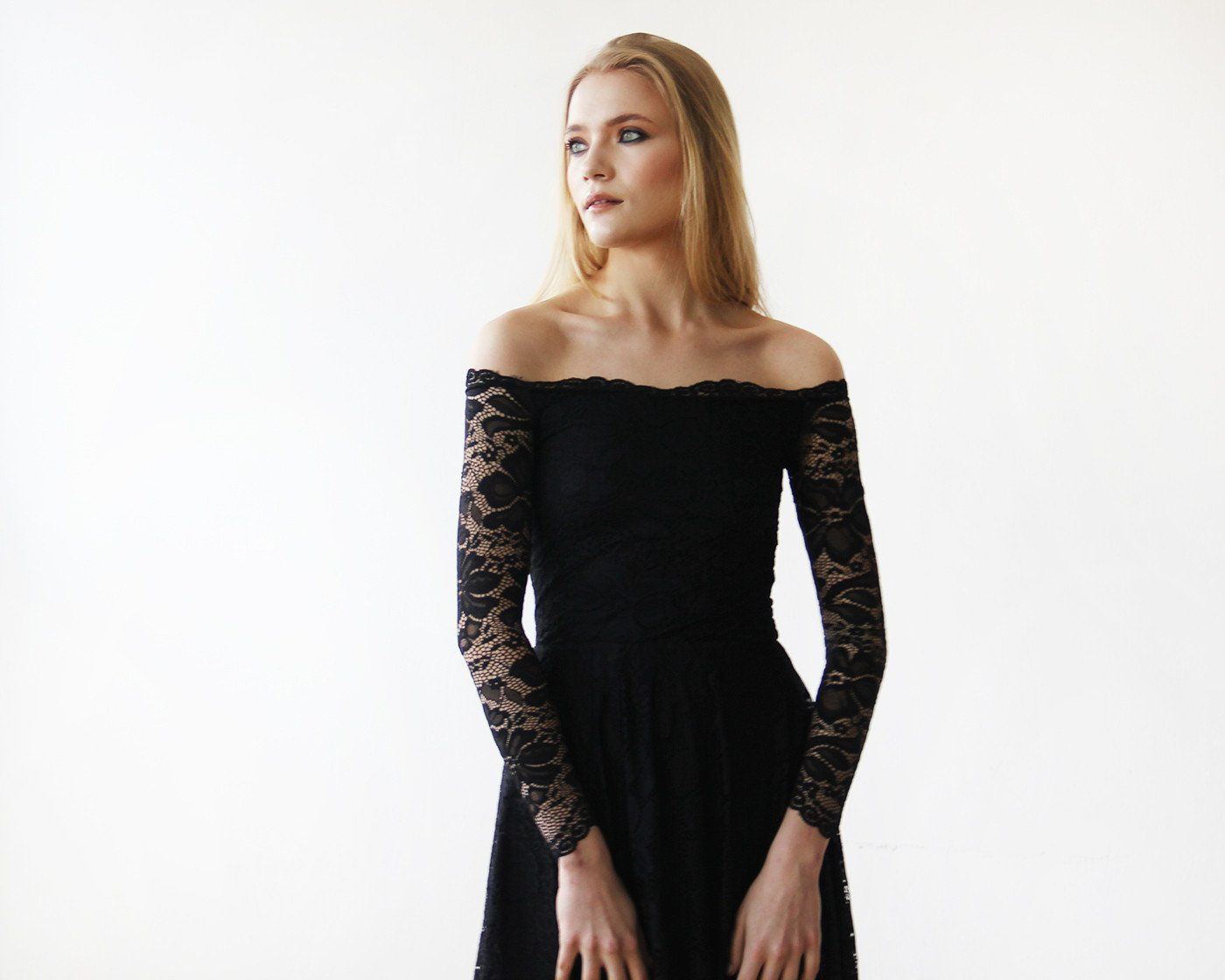 Black Off-The-Shoulder Floral Lace Long Sleeve Midi Dress SALE 1149